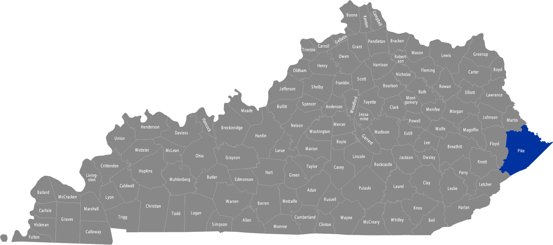State of Kentucky map with Pike County highlighted